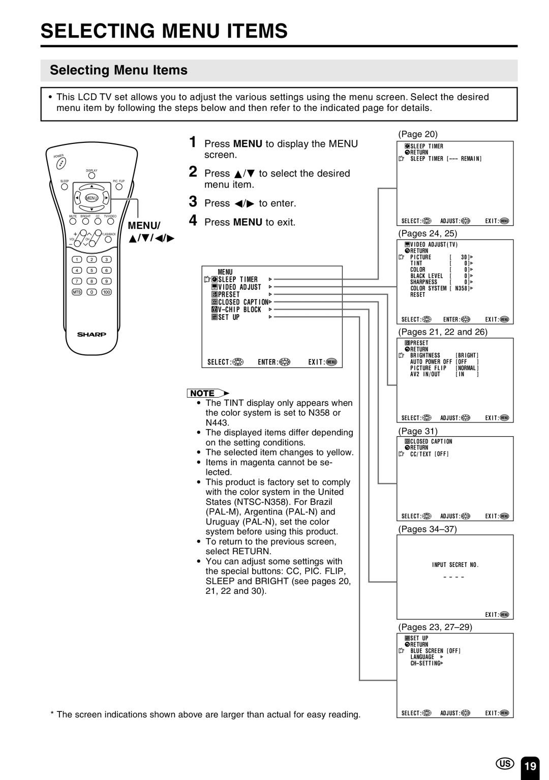 Sharp LC 20E1U operation manual Selecting Menu Items 