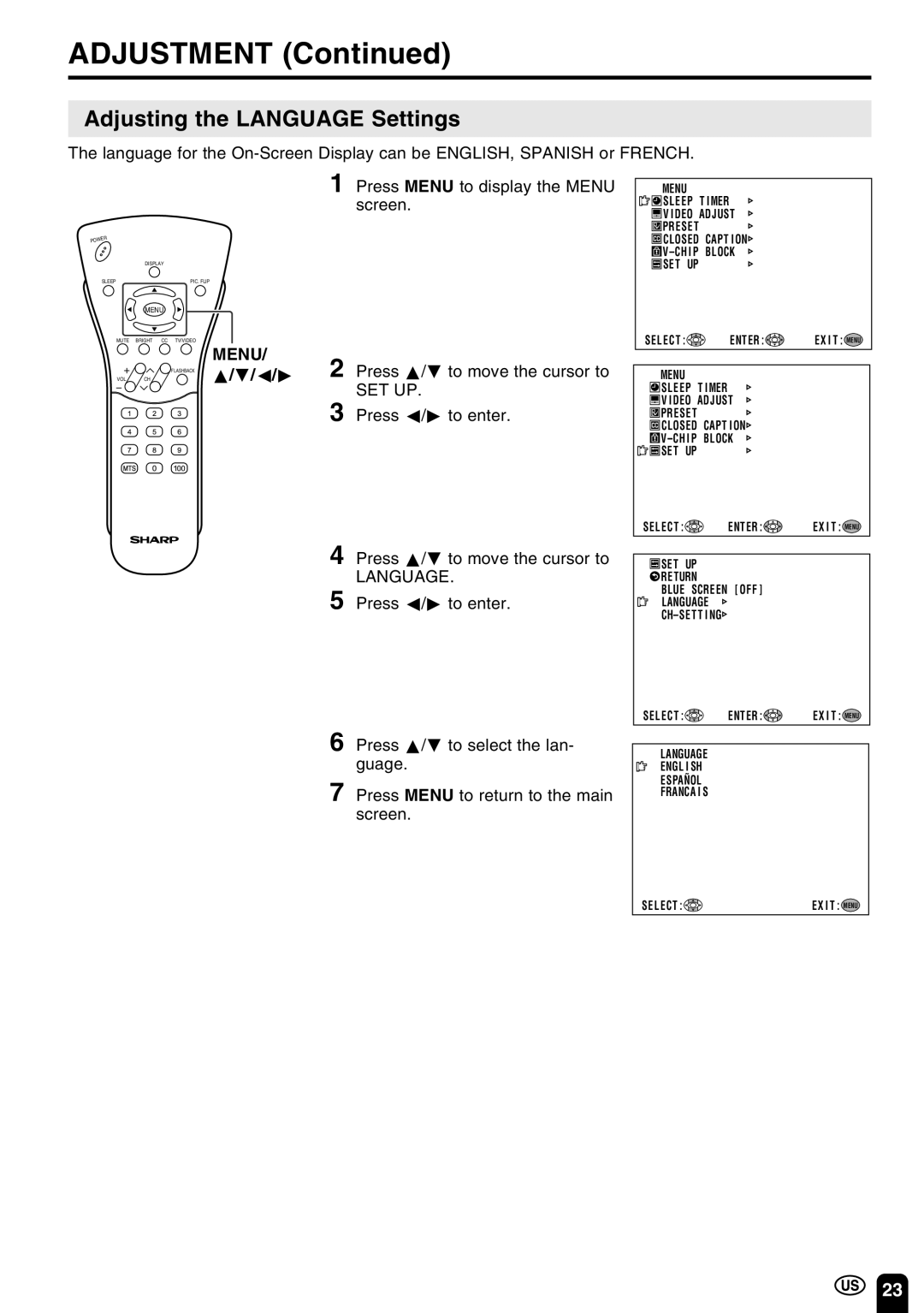 Sharp LC 20E1U operation manual Adjusting the Language Settings, Screen, Press a/bto move the cursor to, Press c/dto enter 