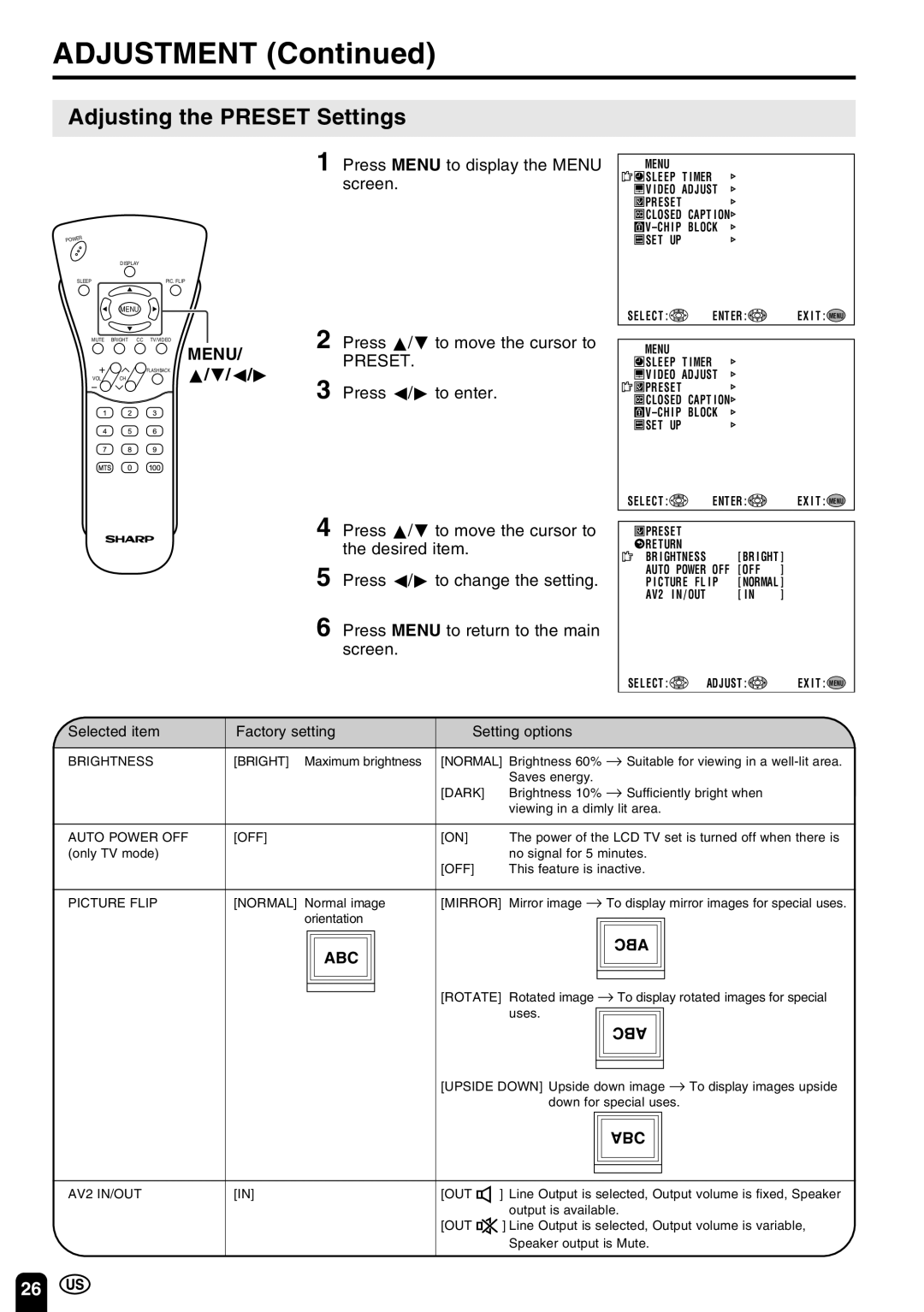 Sharp LC 20E1U operation manual Adjusting the Preset Settings, Abc 