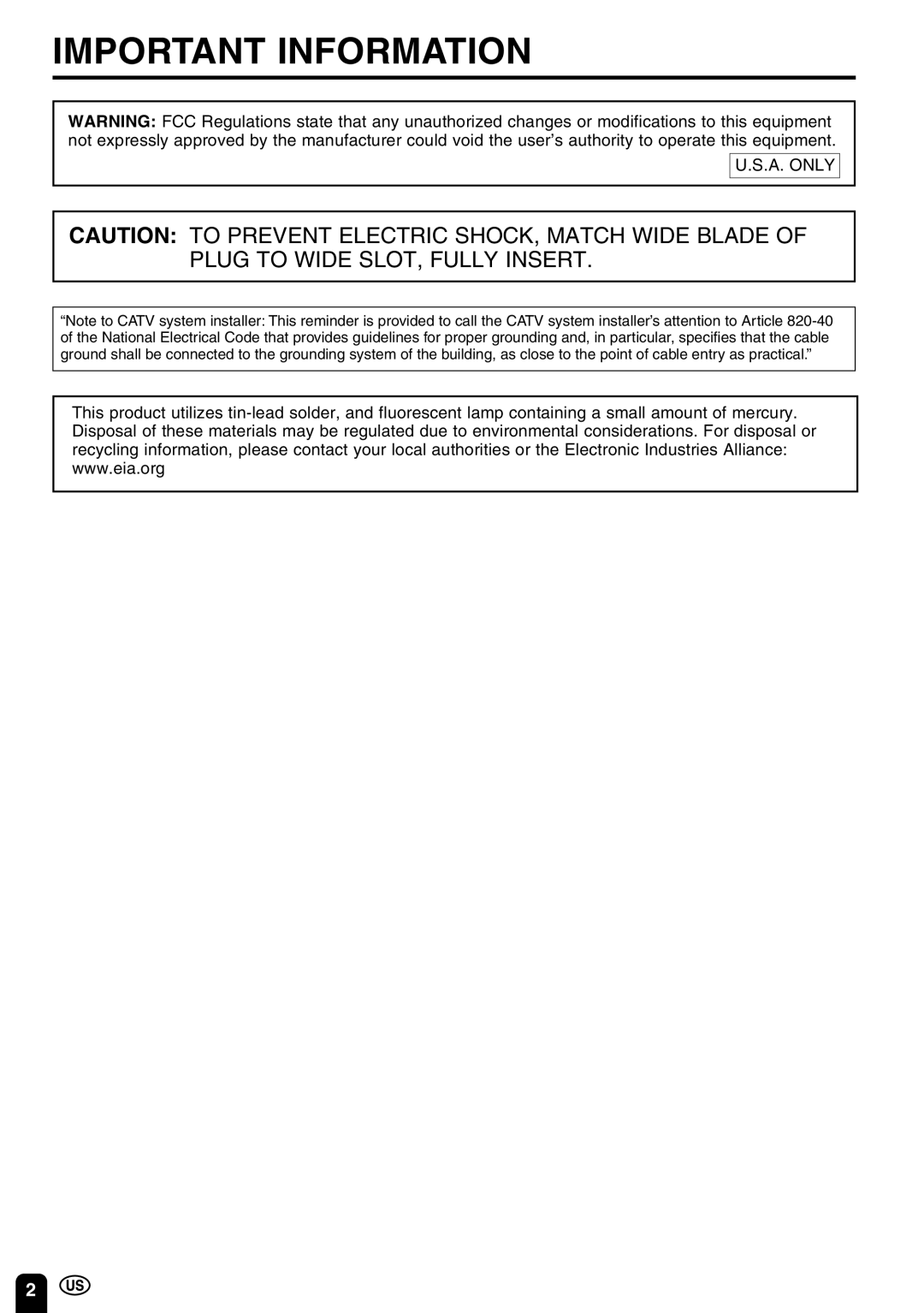 Sharp LC 20E1U operation manual Important Information 