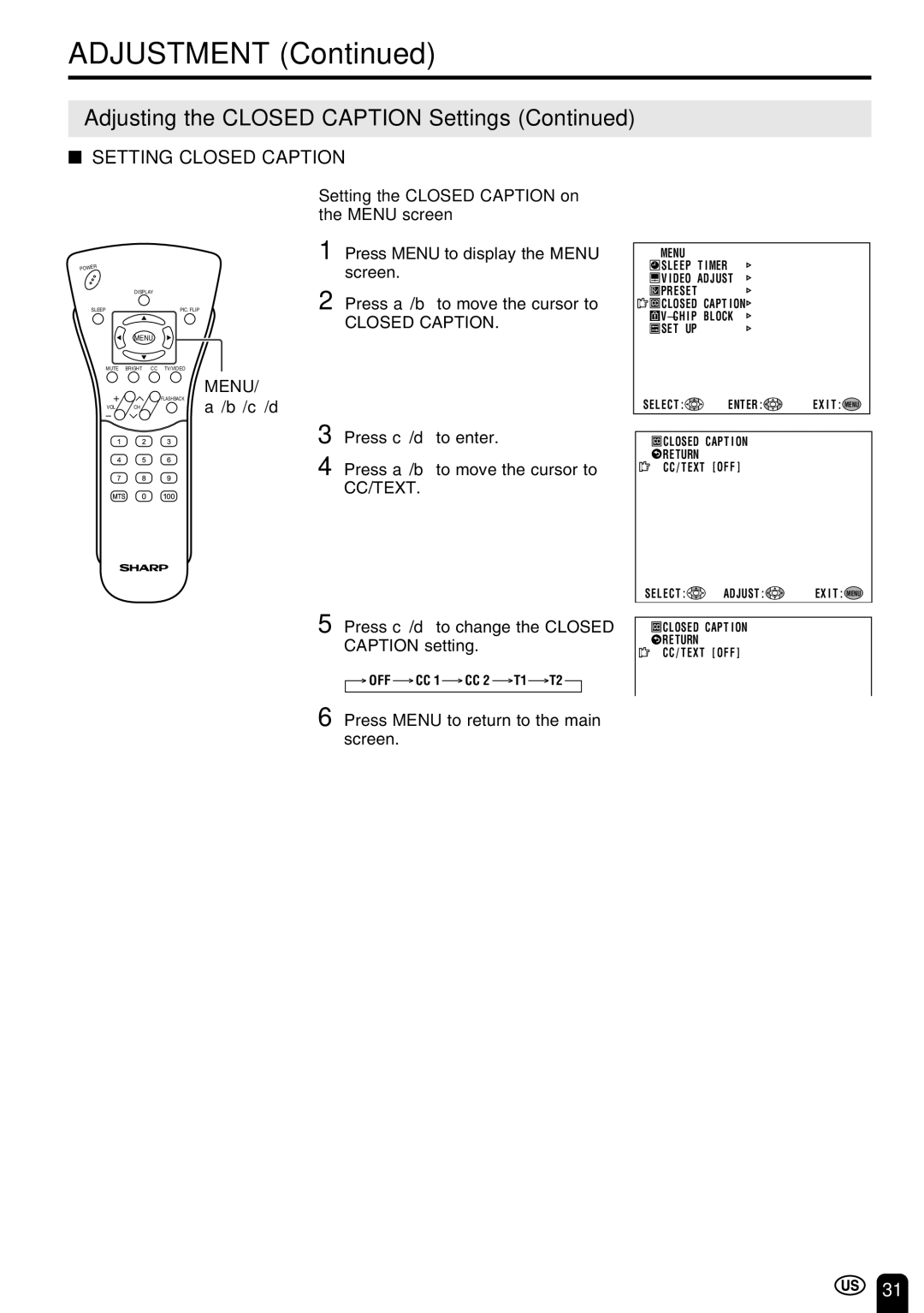 Sharp LC 20E1U operation manual Setting the Closed Caption on the Menu screen 