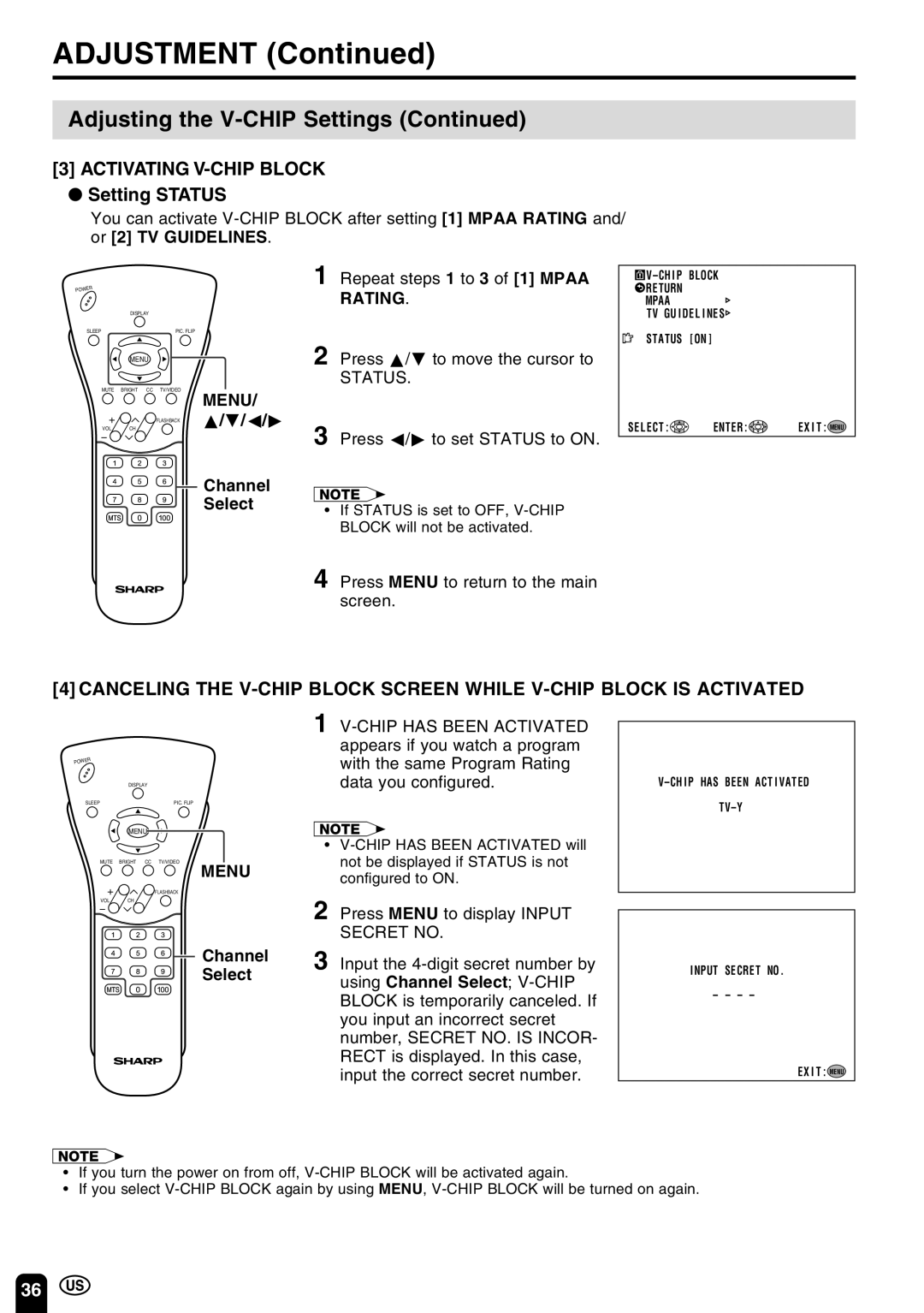 Sharp LC 20E1U operation manual Activating V-CHIP Block, Setting Status, Secret no, Channel 