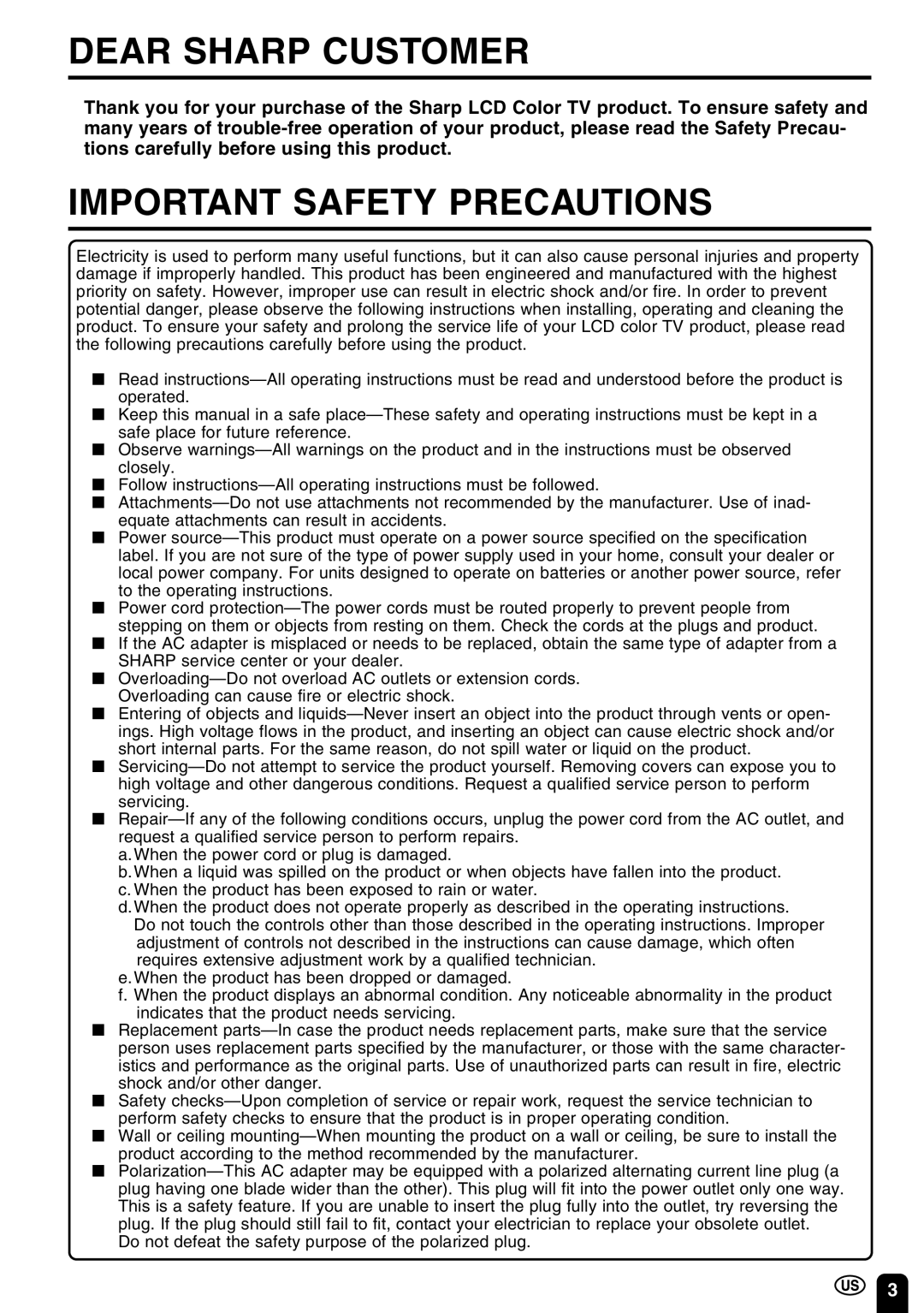 Sharp LC 20E1U operation manual Dear Sharp Customer 