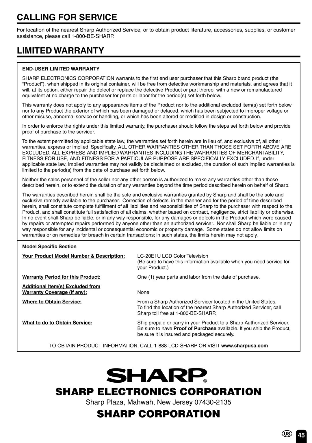 Sharp LC 20E1U operation manual Sharp Electronics Corporation 