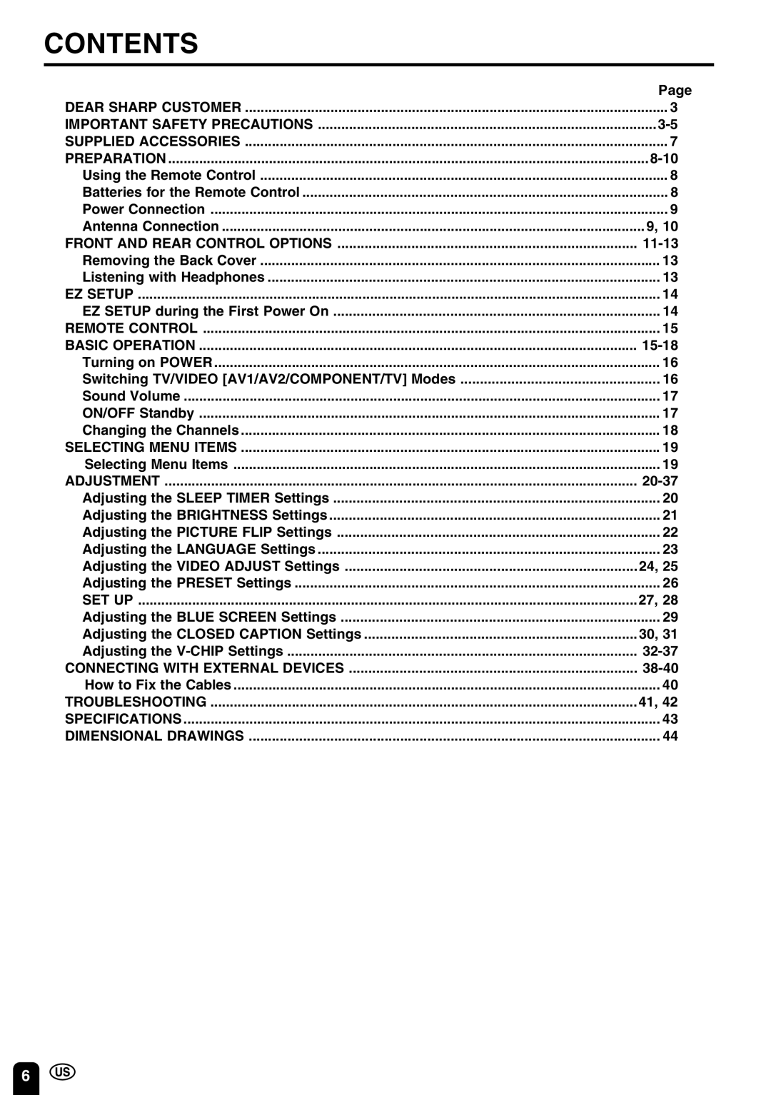 Sharp LC 20E1U operation manual Contents 