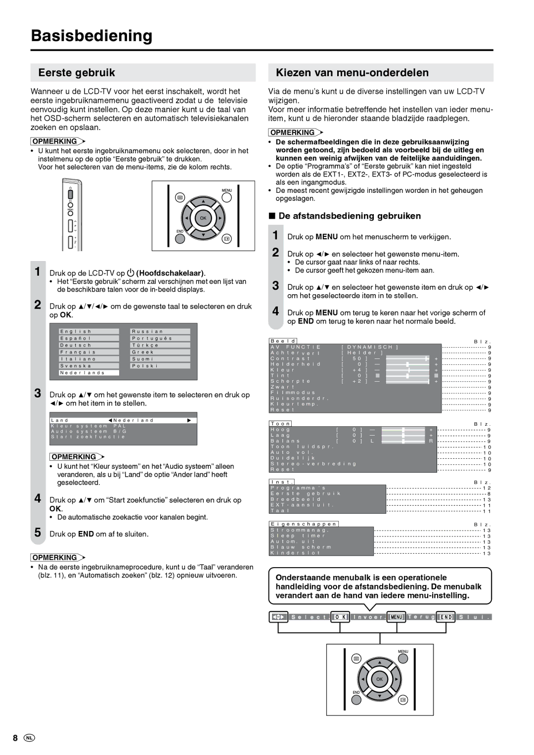 Sharp LC-20S5E-BK, LC-20S5E-WH Basisbediening, Eerste gebruik, Kiezen van menu-onderdelen, De afstandsbediening gebruiken 