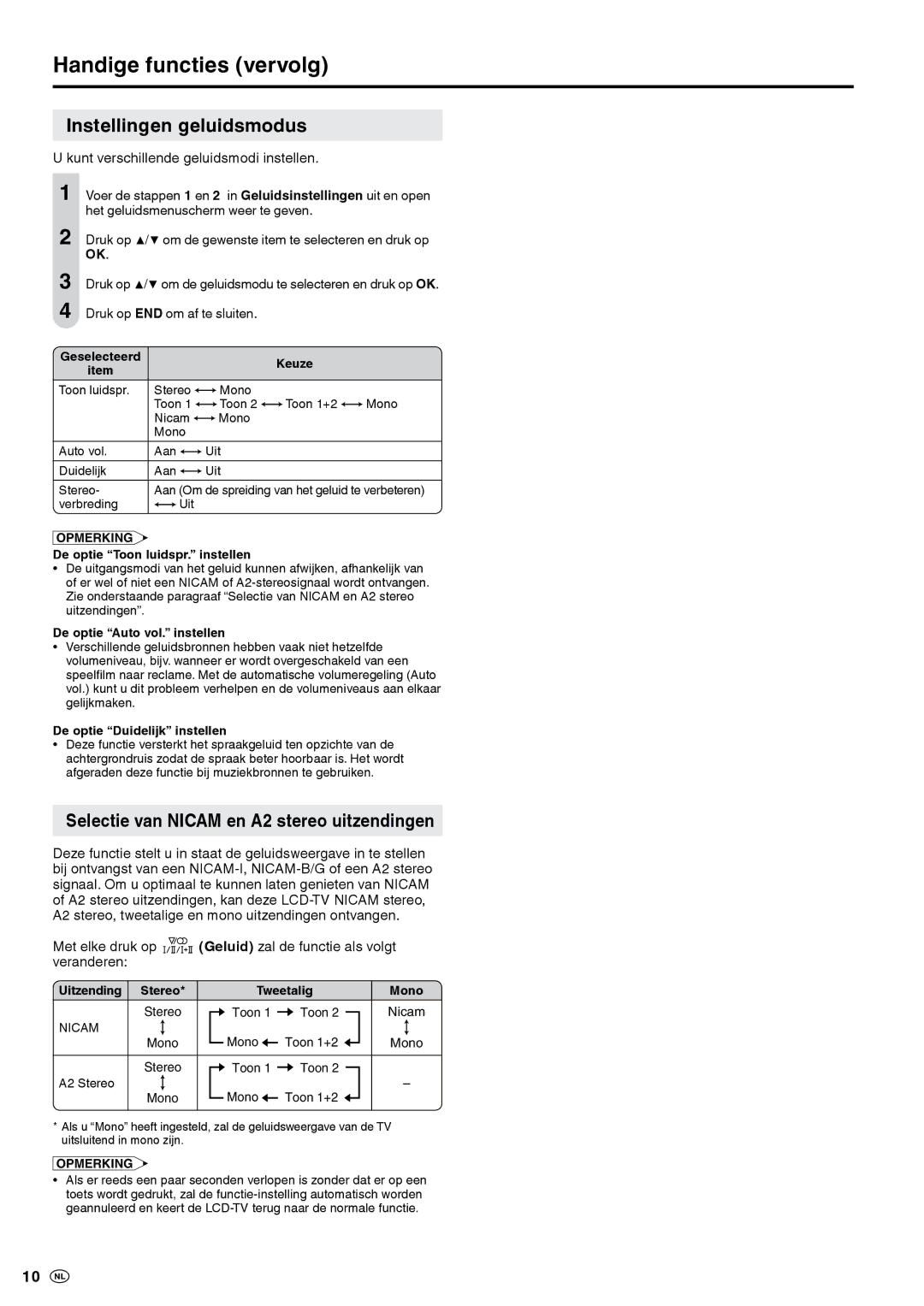 Sharp LC-20S5E-BK, LC-20S5E-WH operation manual Instellingen geluidsmodus, Selectie van Nicam en A2 stereo uitzendingen 