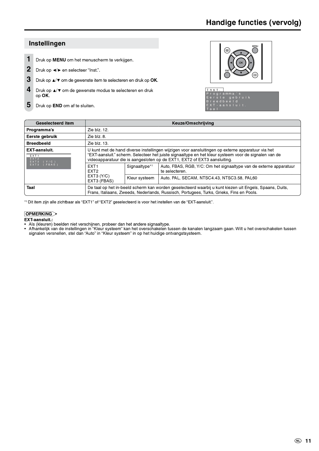 Sharp LC-20S5E-BK, LC-20S5E-WH operation manual Instellingen 