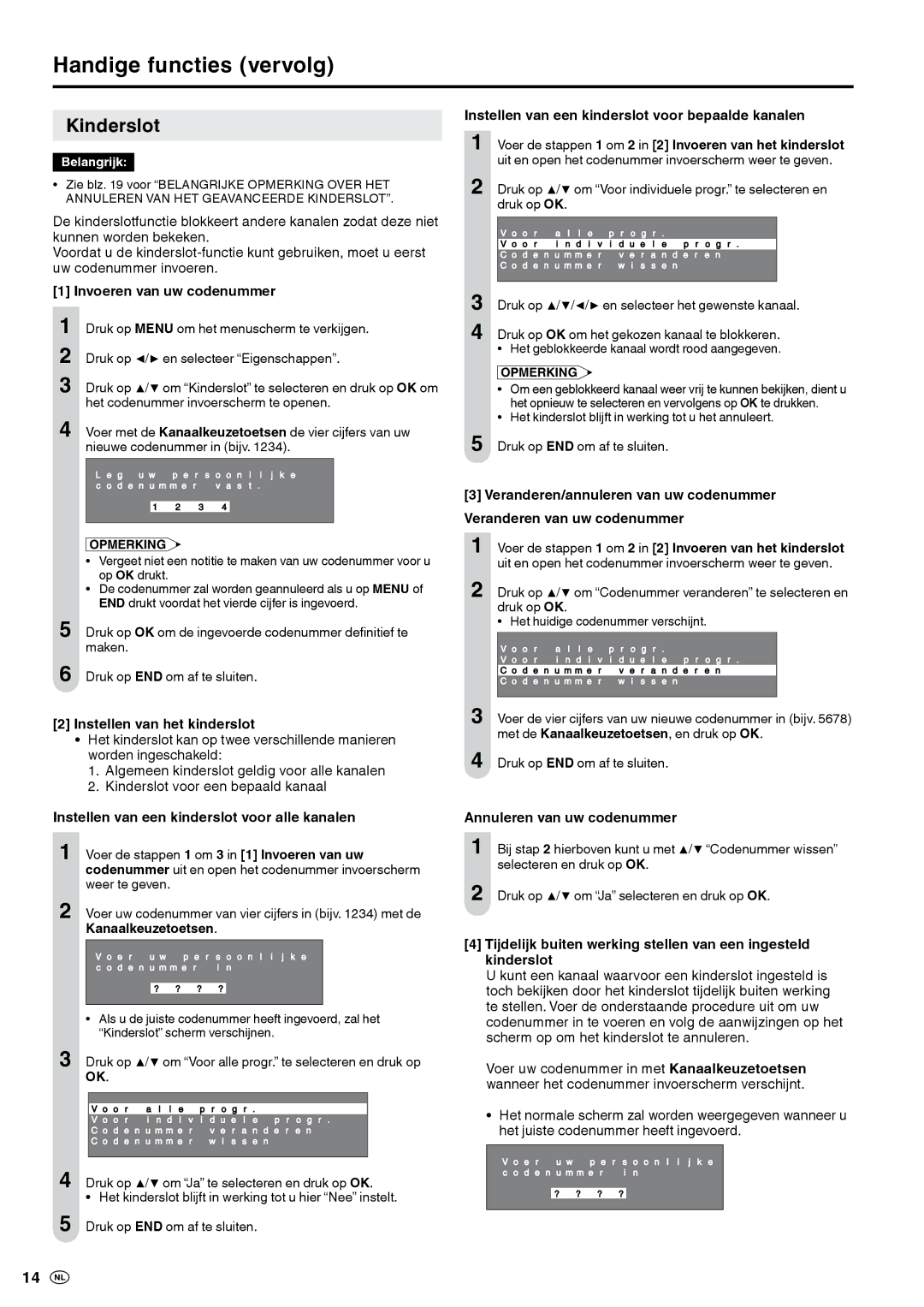 Sharp LC-20S5E-BK, LC-20S5E-WH operation manual Kinderslot, Invoeren van uw codenummer, Instellen van het kinderslot 