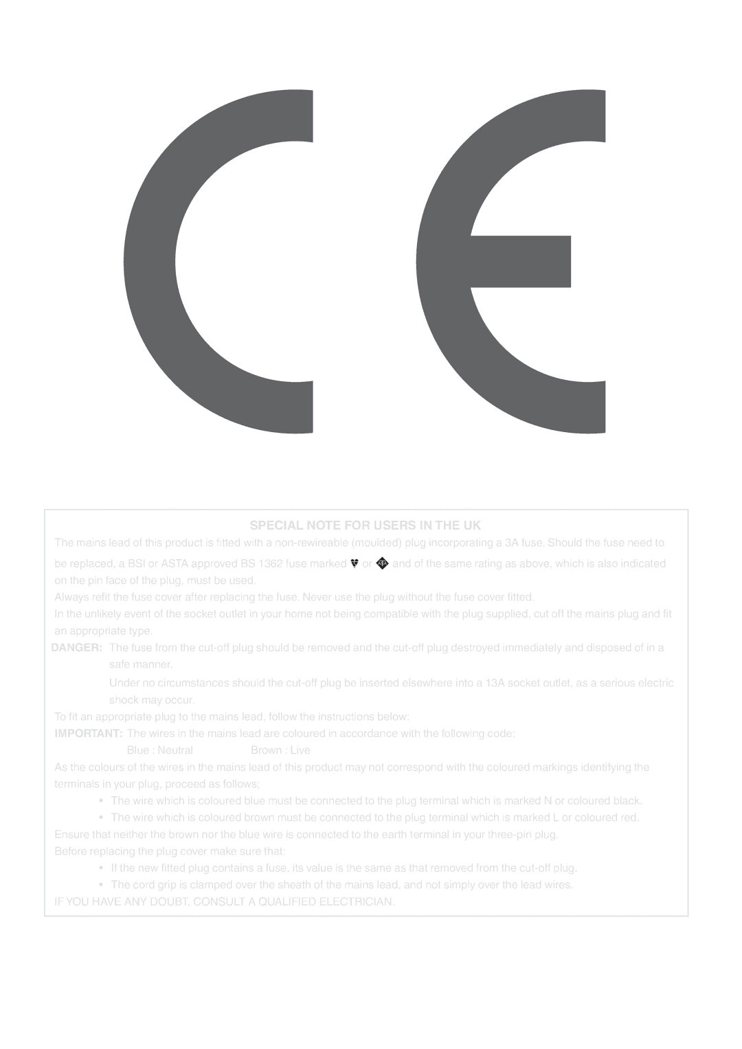 Sharp LC-20S5E-BK, LC-20S5E-WH operation manual Special Note for Users in the UK 