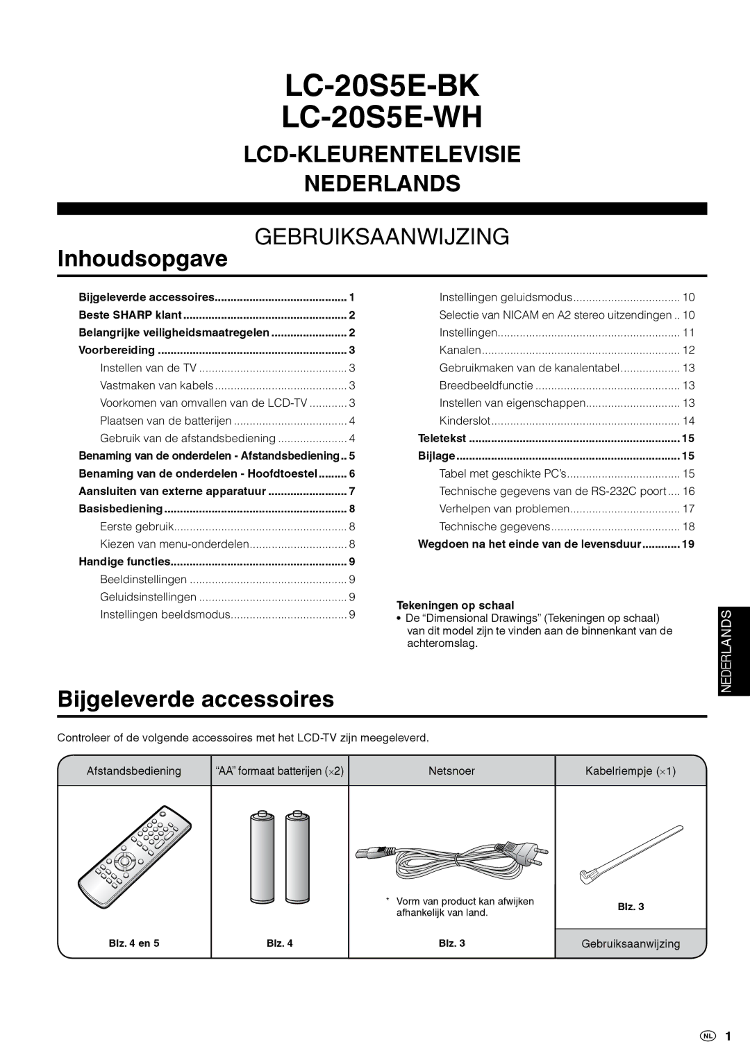 Sharp LC-20S5E-BK, LC-20S5E-WH operation manual Inhoudsopgave, Bijgeleverde accessoires 