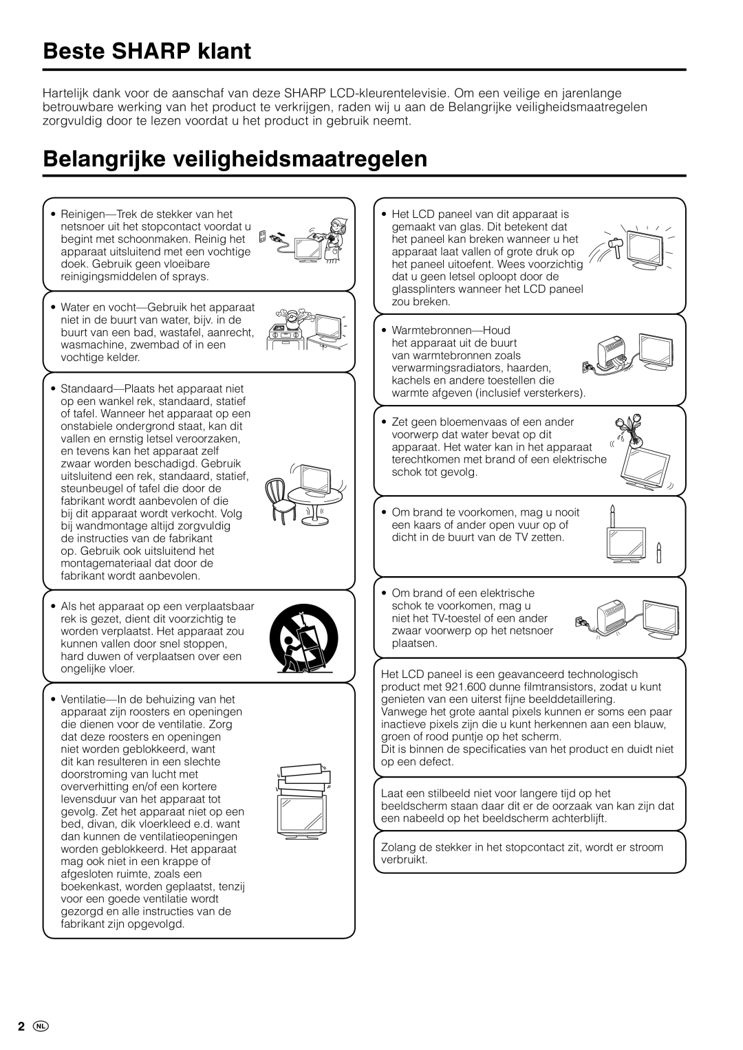 Sharp LC-20S5E-BK, LC-20S5E-WH operation manual Beste Sharp klant, Belangrijke veiligheidsmaatregelen 