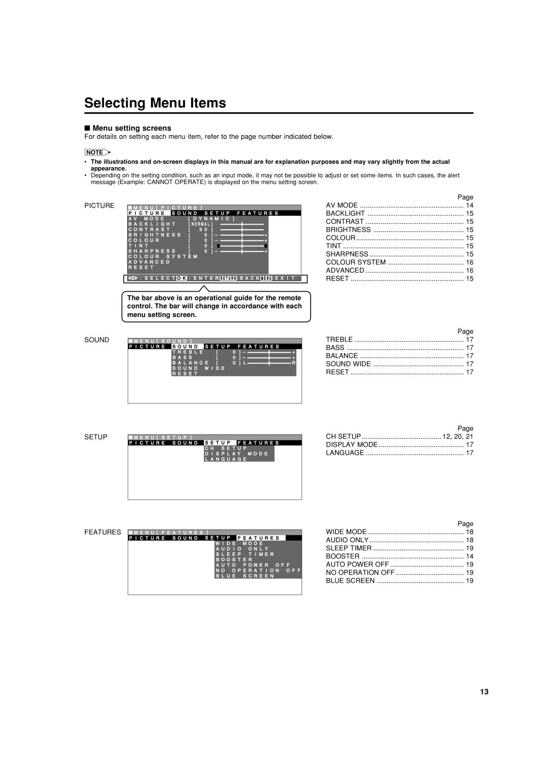 Sharp LC-20SH4X operation manual Selecting Menu Items, Menu setting screens, 12, 20 