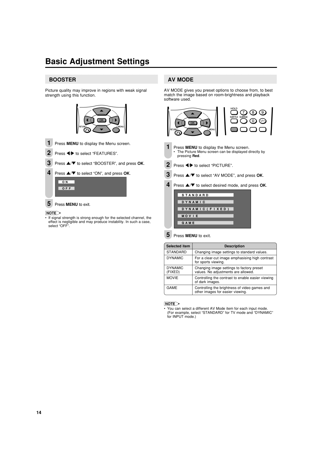 Sharp LC-20SH4X operation manual Basic Adjustment Settings, Booster, AV Mode 