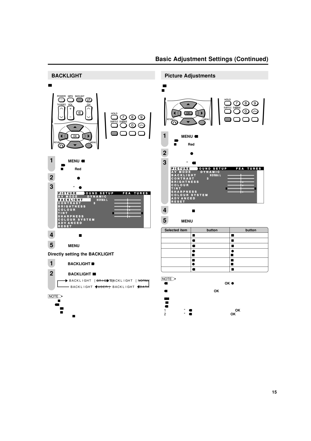 Sharp LC-20SH4X operation manual Basic Adjustment Settings, Picture Adjustments, Directly setting the Backlight 