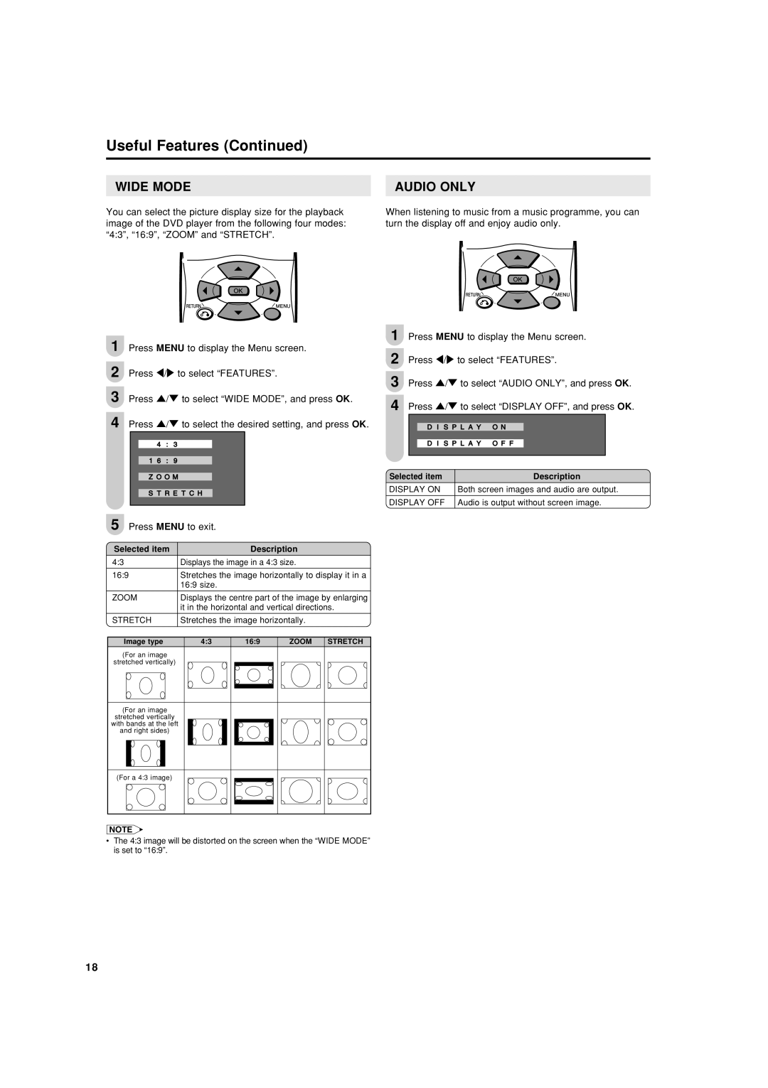 Sharp LC-20SH4X operation manual Useful Features, Wide Mode Audio only 