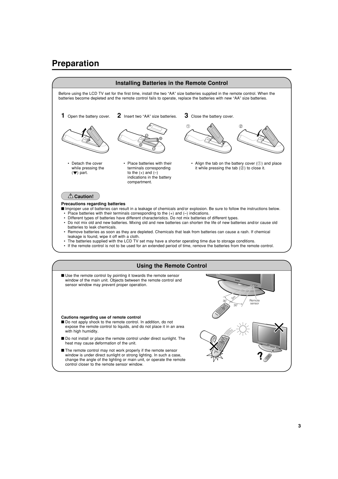 Sharp LC-20SH4X operation manual Preparation, Installing Batteries in the Remote Control, Using the Remote Control 