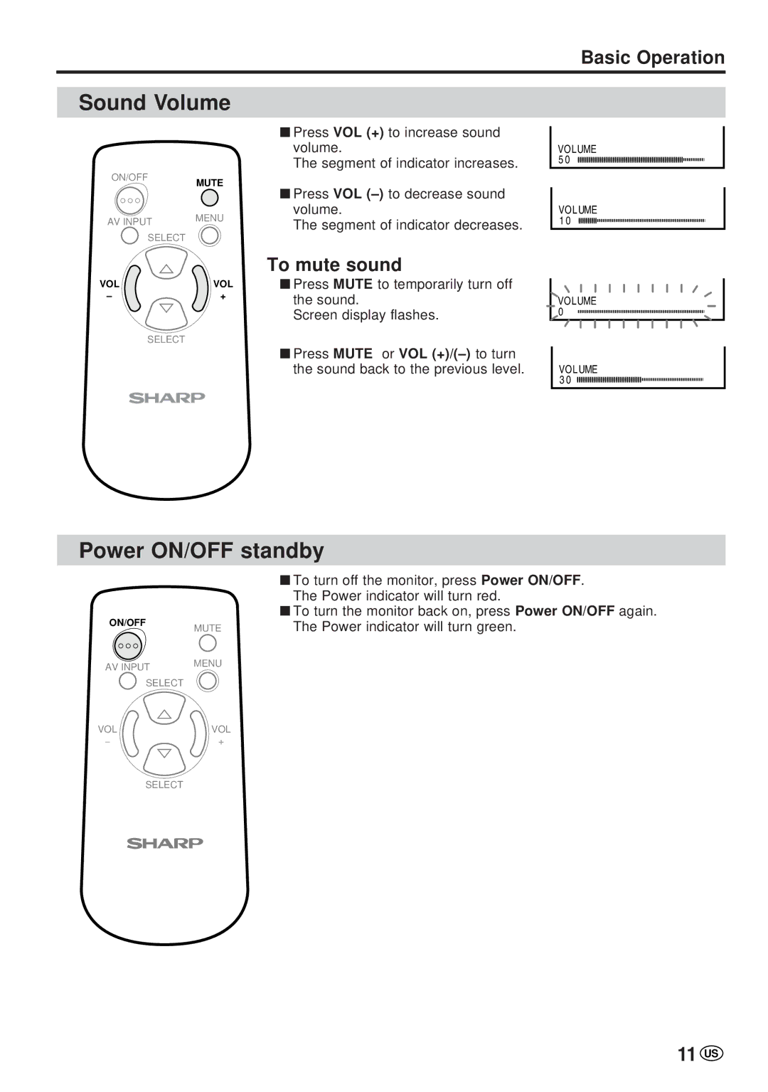 Sharp LC-20VM2 operation manual Sound Volume, Power ON/OFF standby, Basic Operation, To mute sound, 11 US 