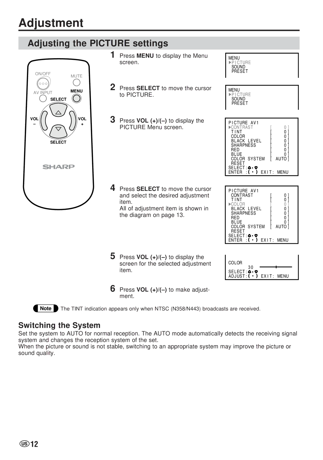 Sharp LC-20VM2 operation manual Adjustment, Adjusting the Picture settings, Switching the System 