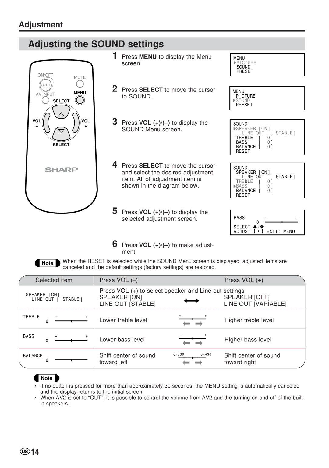 Sharp LC-20VM2 operation manual Adjusting the Sound settings, Speaker on Line OUT Stable Treble ‰ 