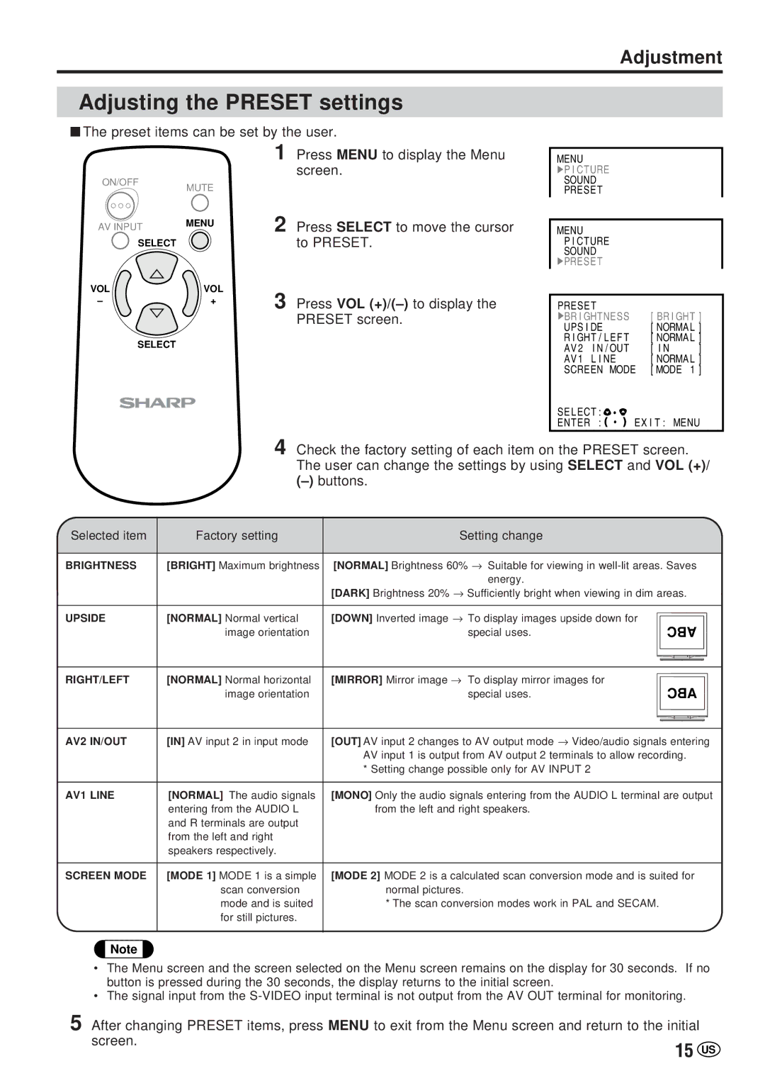 Sharp LC-20VM2 operation manual Adjusting the Preset settings, 15 US 