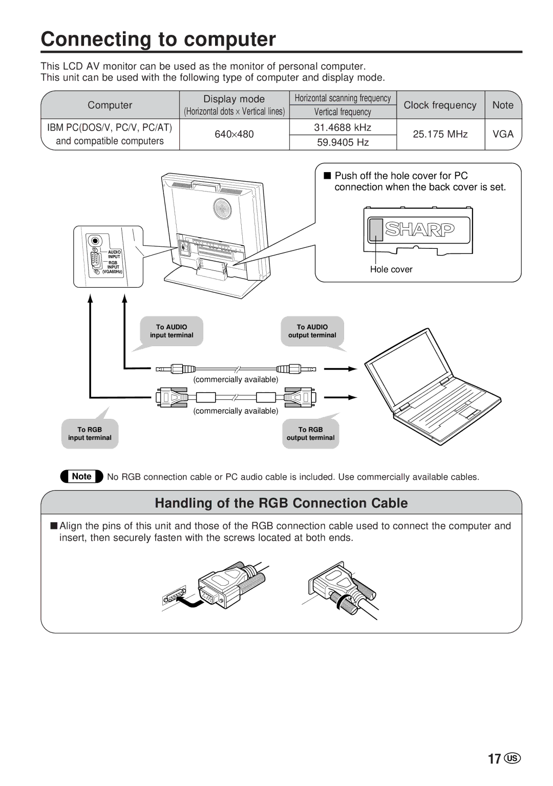 Sharp LC-20VM2 operation manual Connecting to computer, Handling of the RGB Connection Cable, 17 US 