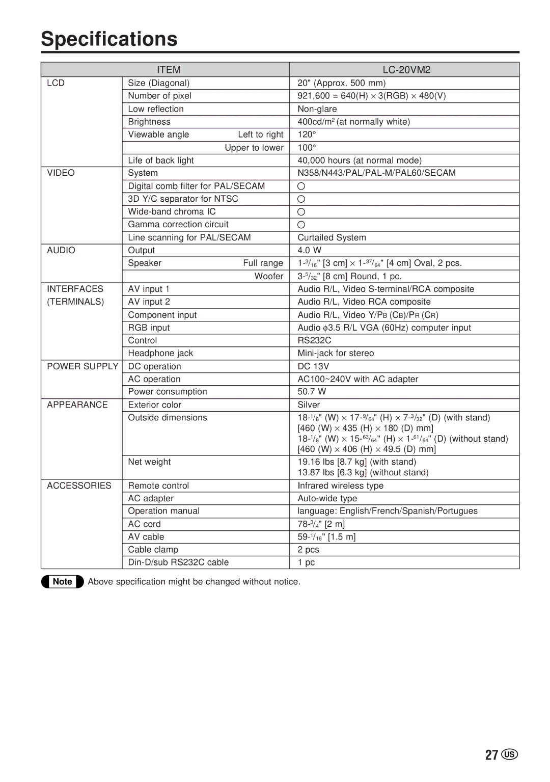 Sharp LC-20VM2 operation manual Specifications, 27 US 