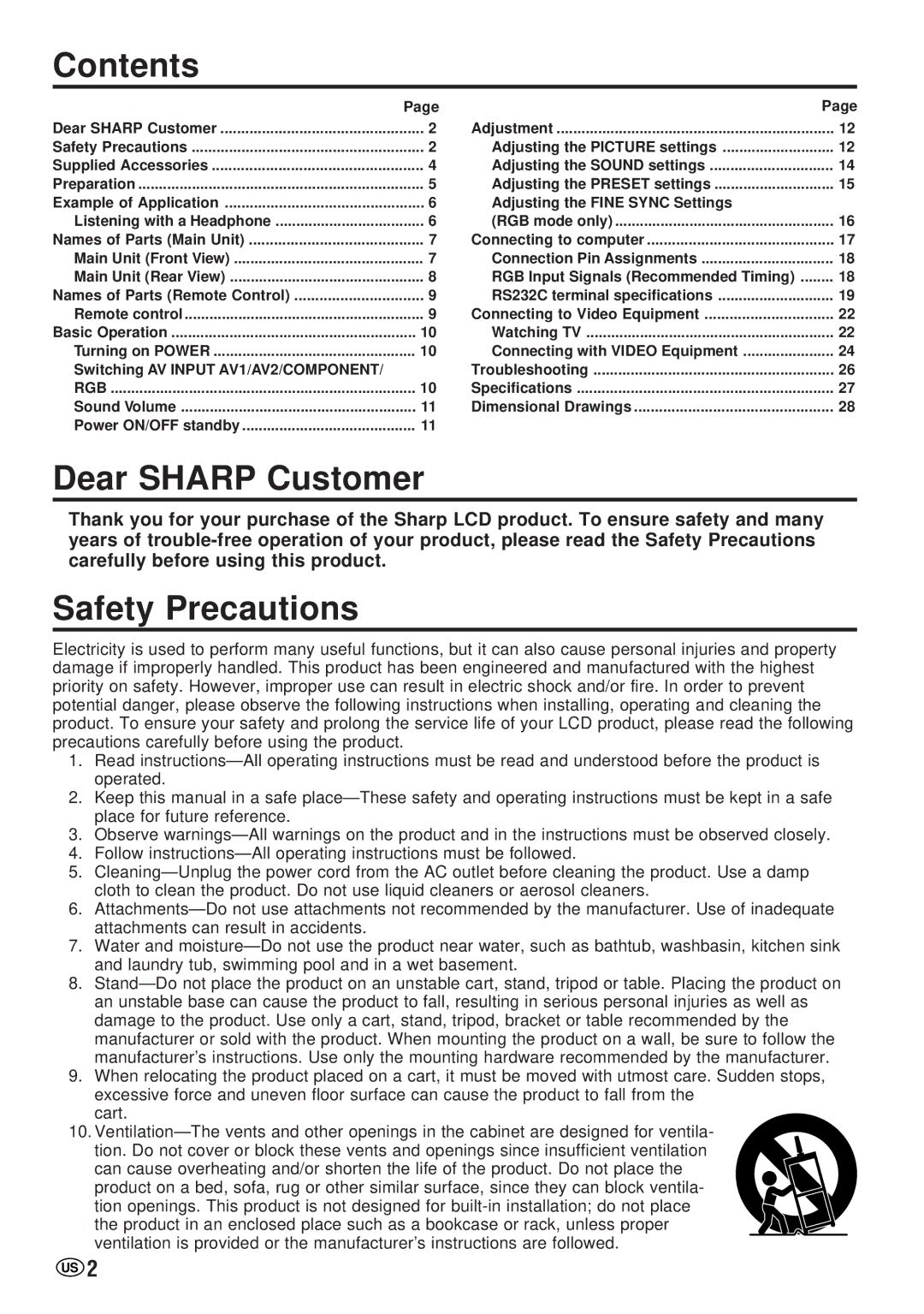 Sharp LC-20VM2 operation manual Contents, Dear Sharp Customer, Safety Precautions 