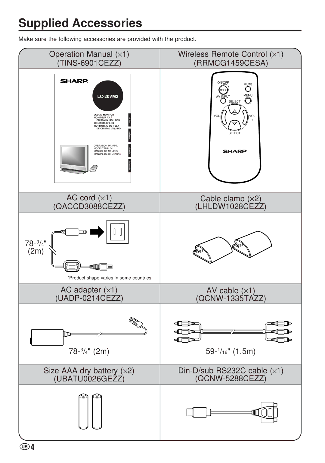 Sharp LC-20VM2 operation manual Supplied Accessories, TINS-6901CEZZ 