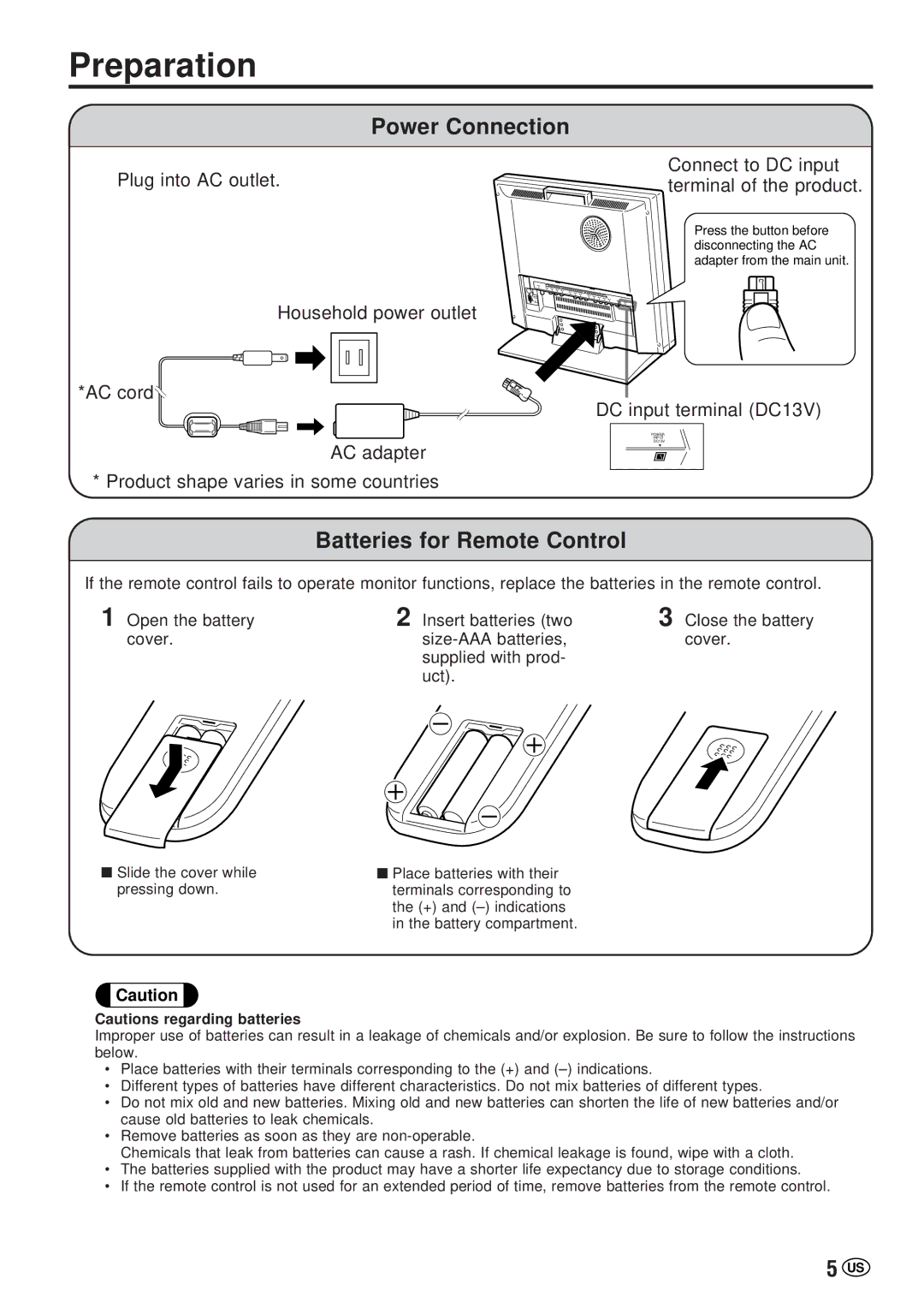 Sharp LC-20VM2 operation manual Preparation, Power Connection, Batteries for Remote Control 