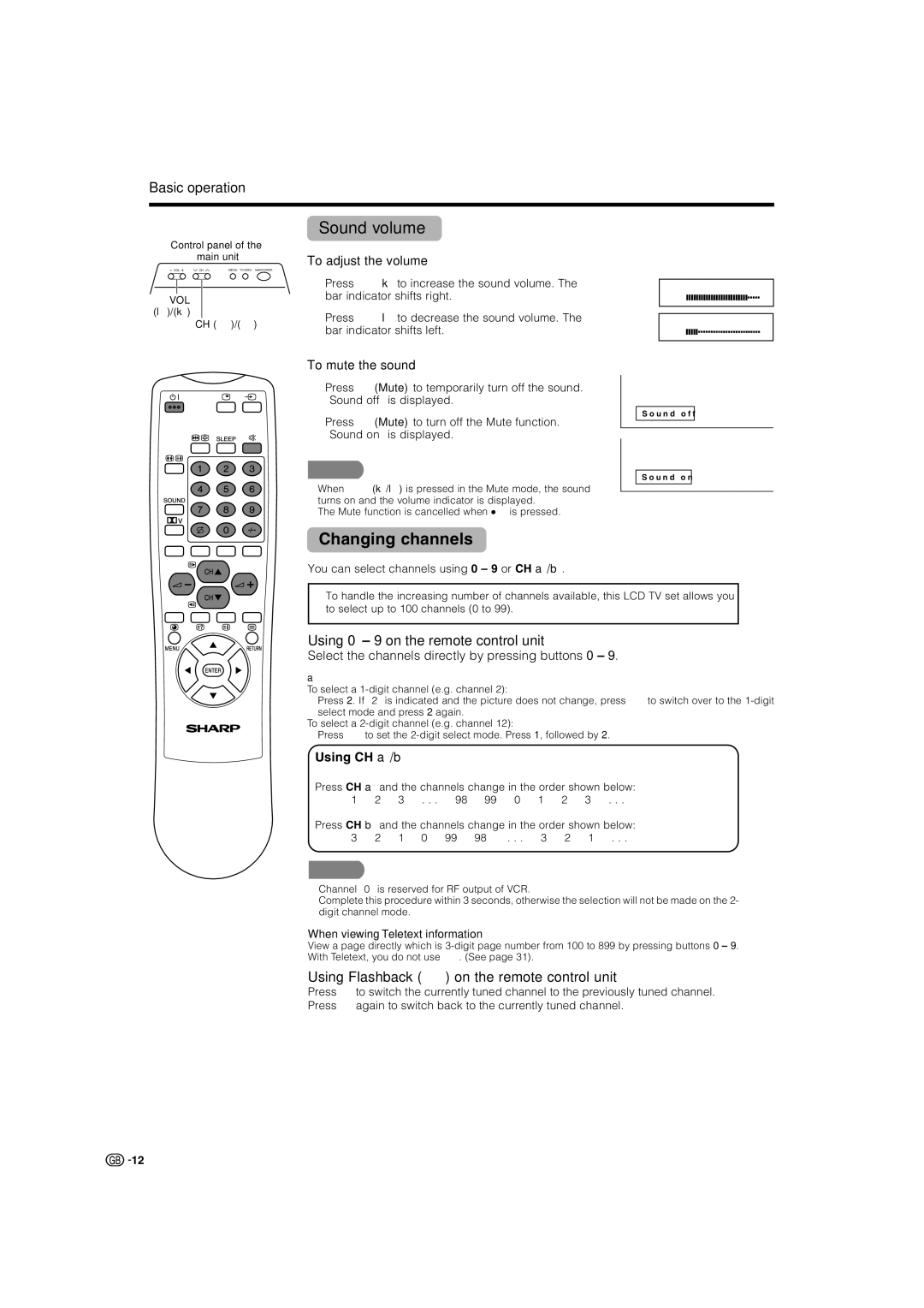 Sharp LC-22AA1M operation manual Sound volume, Changing channels, Using 0 9 on the remote control unit 