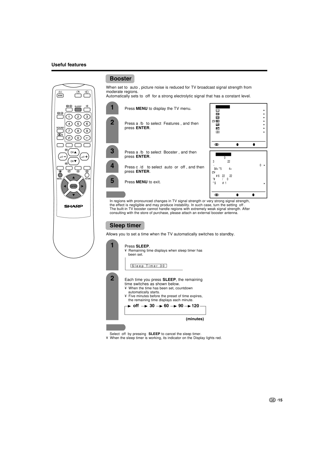 Sharp LC-22AA1M operation manual Booster, Sleep timer, Off 30 60 90, Minutes 