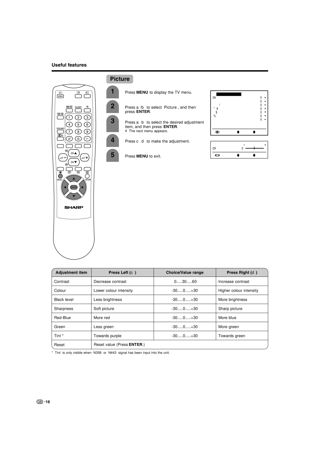 Sharp LC-22AA1M operation manual Picture, Adjustment item, Press Left c Choice/Value range Press Right d 