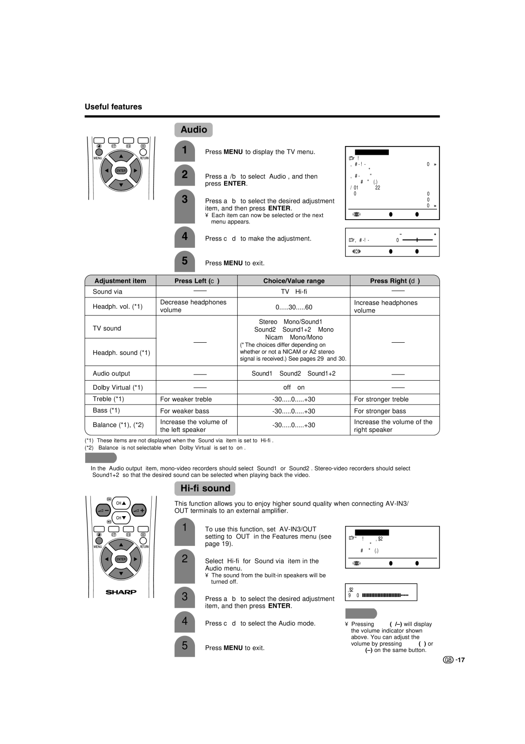 Sharp LC-22AA1M operation manual Audio, Hi-fi sound 