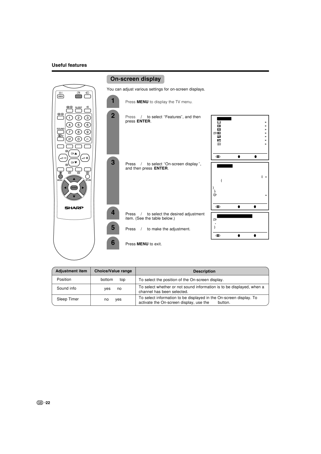 Sharp LC-22AA1M operation manual On-screen display, Adjustment item Choice/Value range Description 