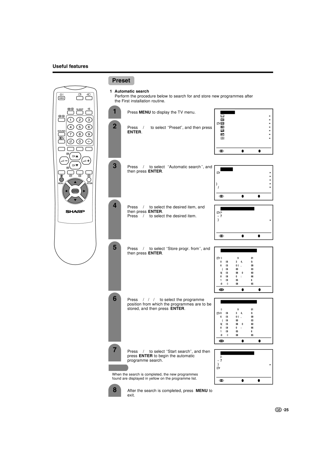 Sharp LC-22AA1M operation manual Preset, Automatic search 