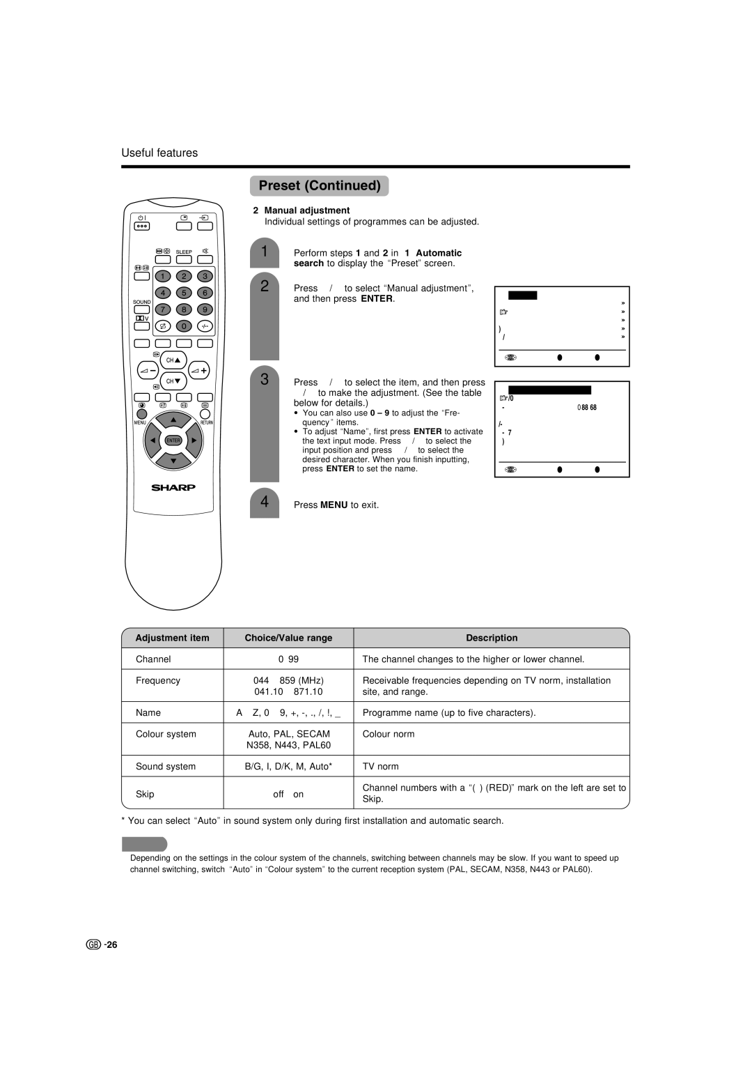 Sharp LC-22AA1M operation manual Manual adjustment, Adjustment item Choice/Value range Description 