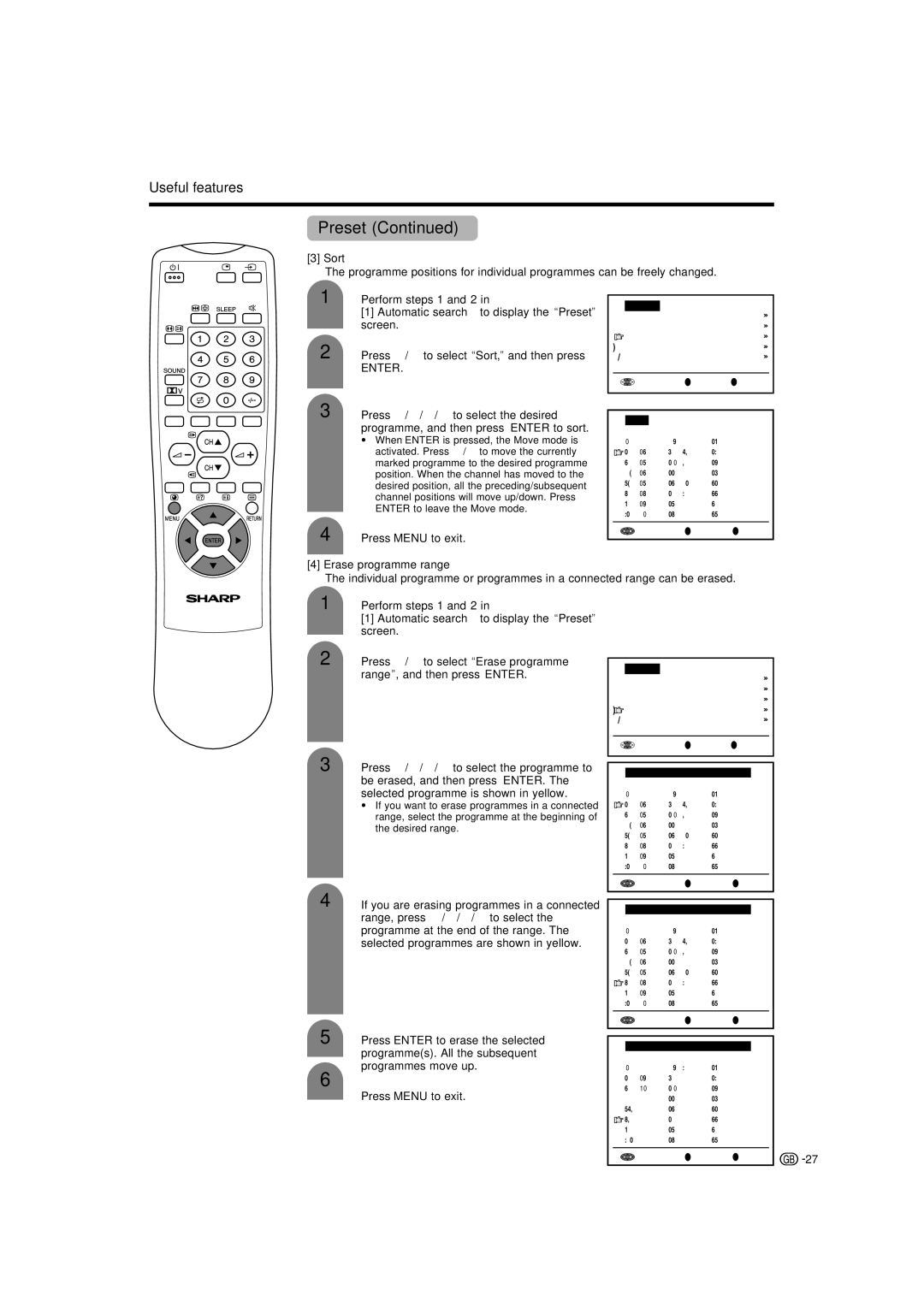 Sharp LC-22AA1M operation manual Sort, Erase programme range 