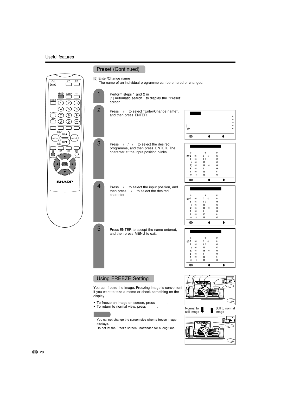 Sharp LC-22AA1M operation manual Using Freeze Setting, Enter/Change name 