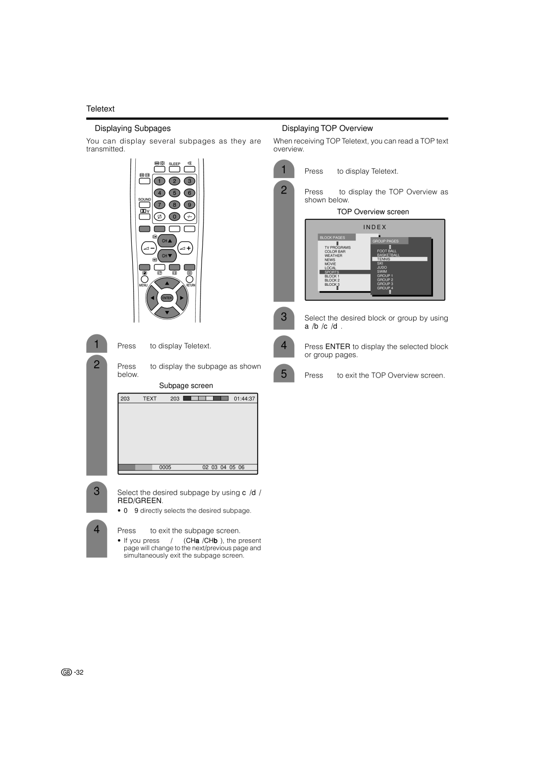 Sharp LC-22AA1M operation manual Teletext Displaying Subpages, Displaying TOP Overview, Subpage screen, TOP Overview screen 