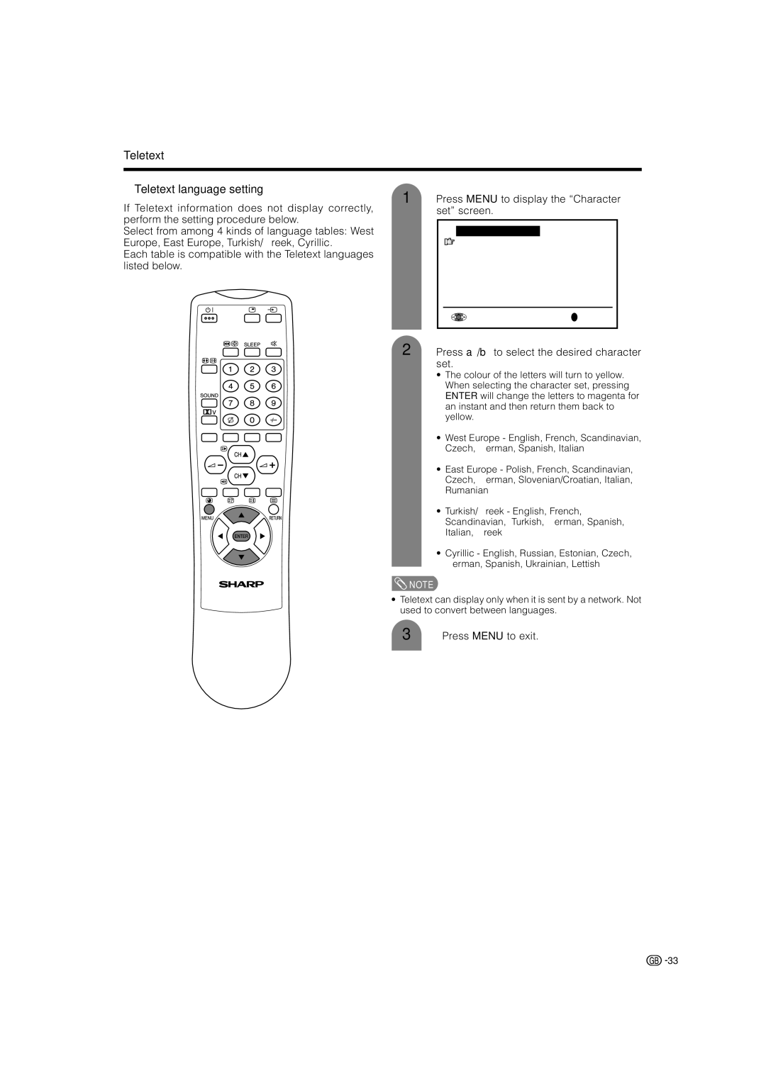 Sharp LC-22AA1M operation manual Teletext Teletext language setting, Character set 