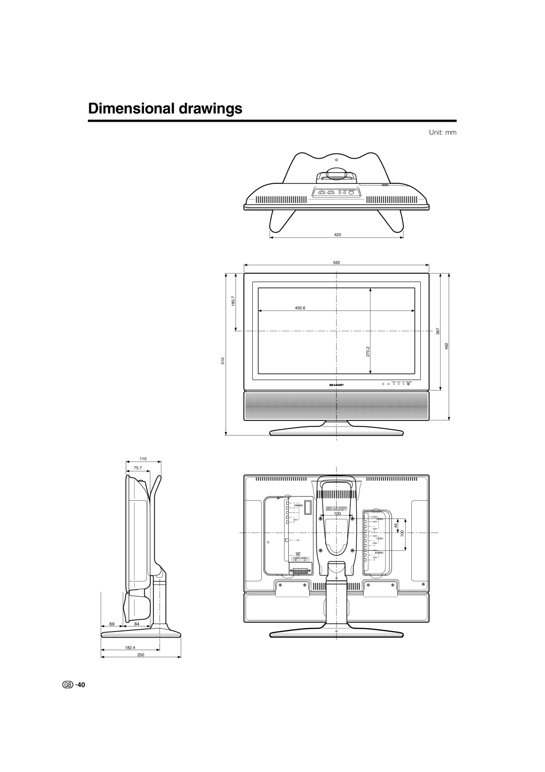 Sharp LC-22AA1M operation manual Dimensional drawings 