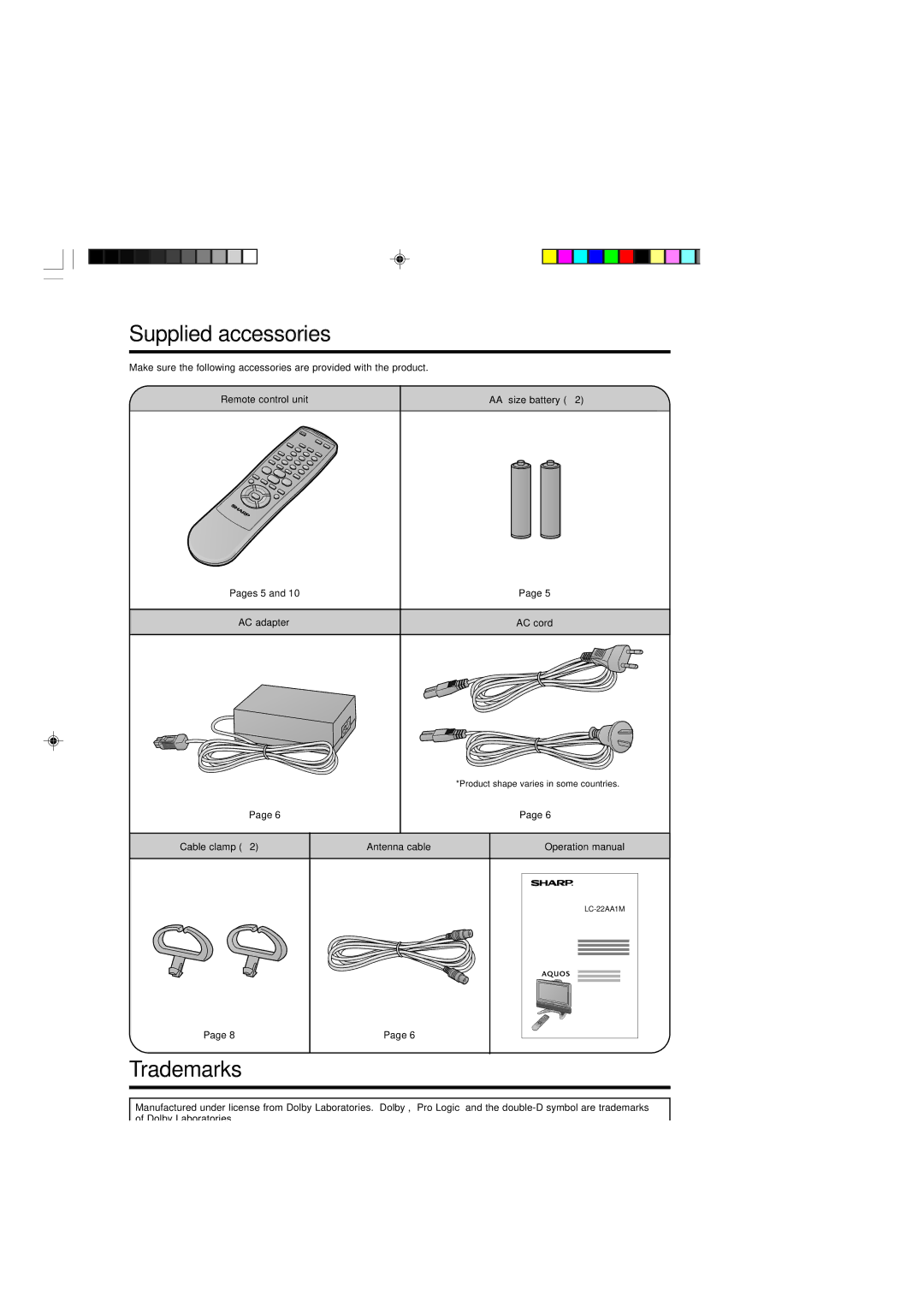 Sharp LC-22AA1M operation manual Supplied accessories, Trademarks 