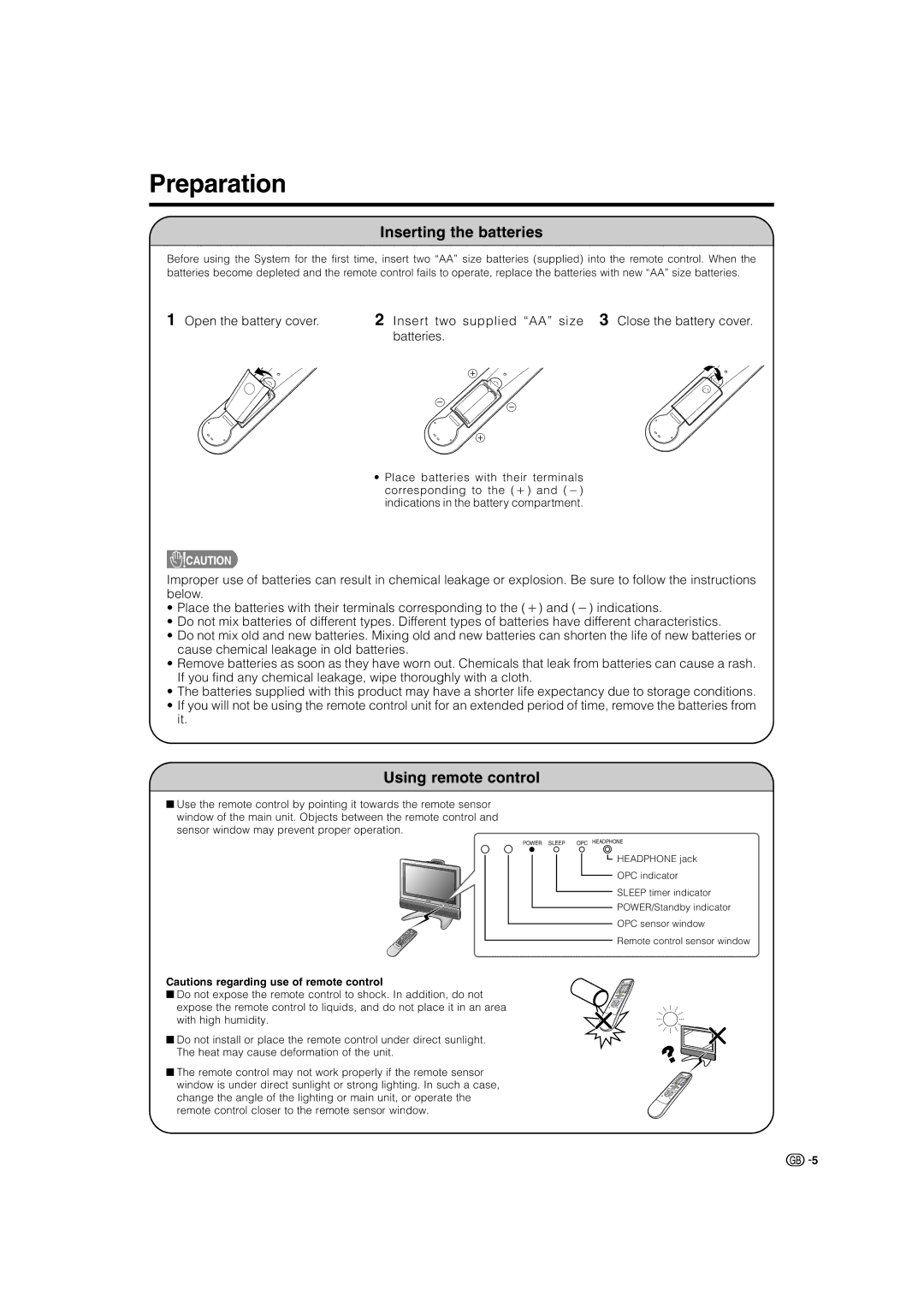 Sharp LC-22AA1M operation manual Preparation, Inserting the batteries, Using remote control 