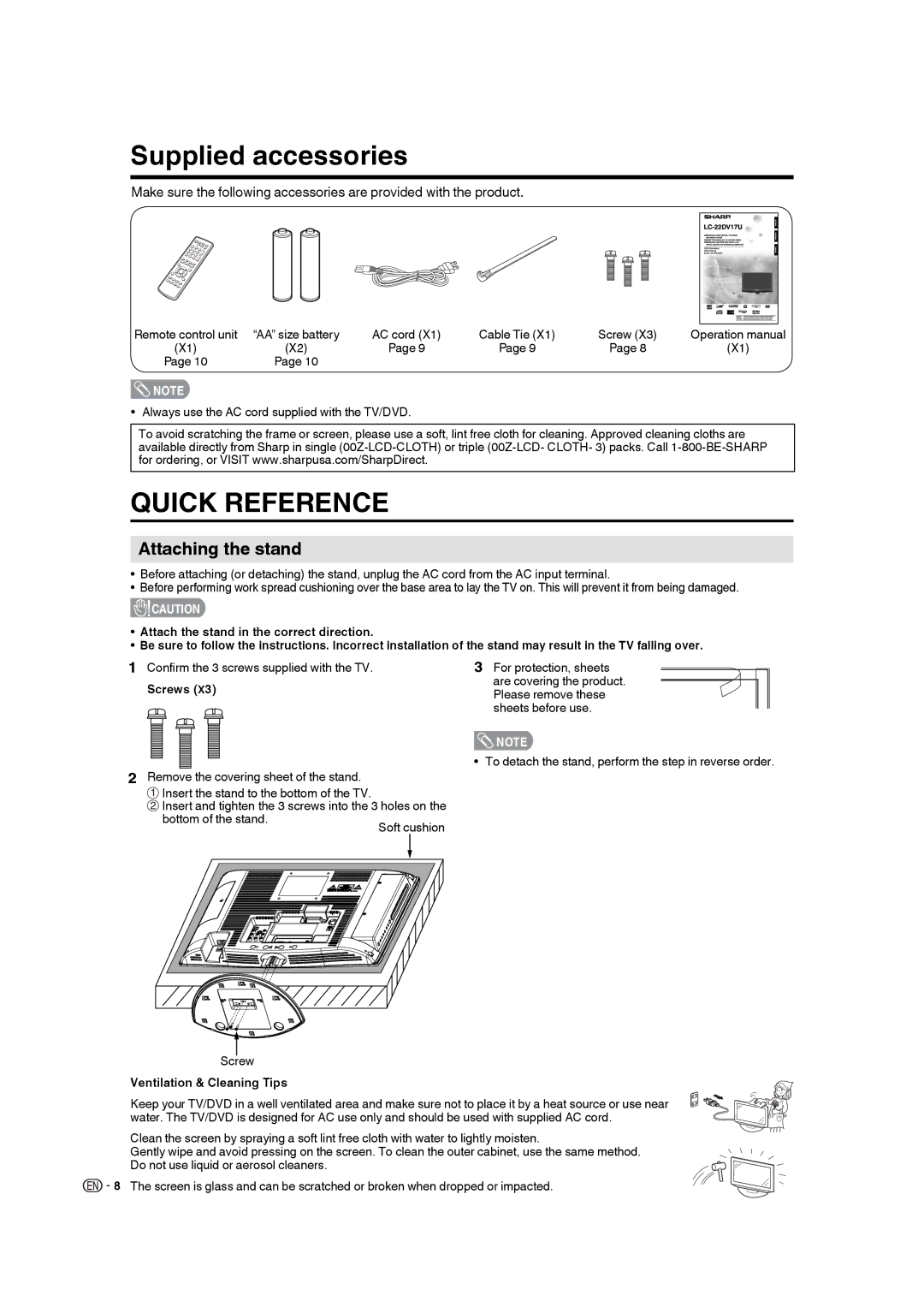 Sharp LC-22DV17U operation manual Supplied accessories, Attaching the stand, Screws, Ventilation & Cleaning Tips 