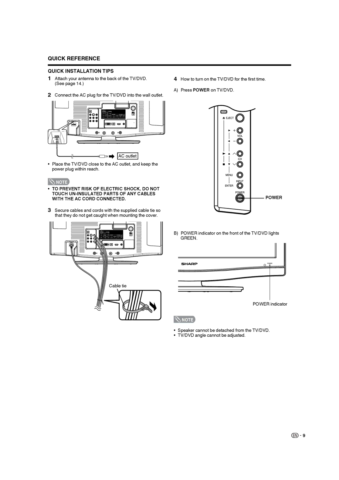 Sharp LC-22DV17U Attach your antenna to the back of the TV/DVD, See, Power indicator on the front of the TV/DVD lights 