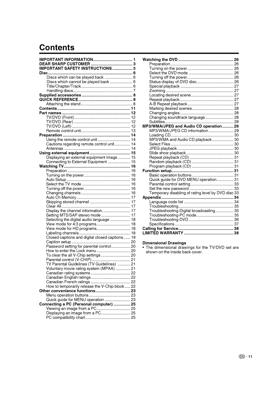 Sharp LC-22DV17U operation manual Contents 