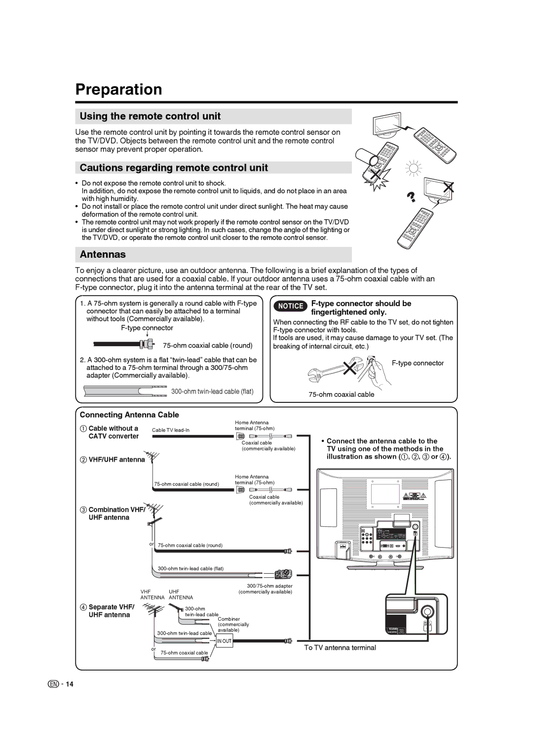 Sharp LC-22DV17U Preparation, Using the remote control unit, Antennas, Fingertightened only, Connecting Antenna Cable 