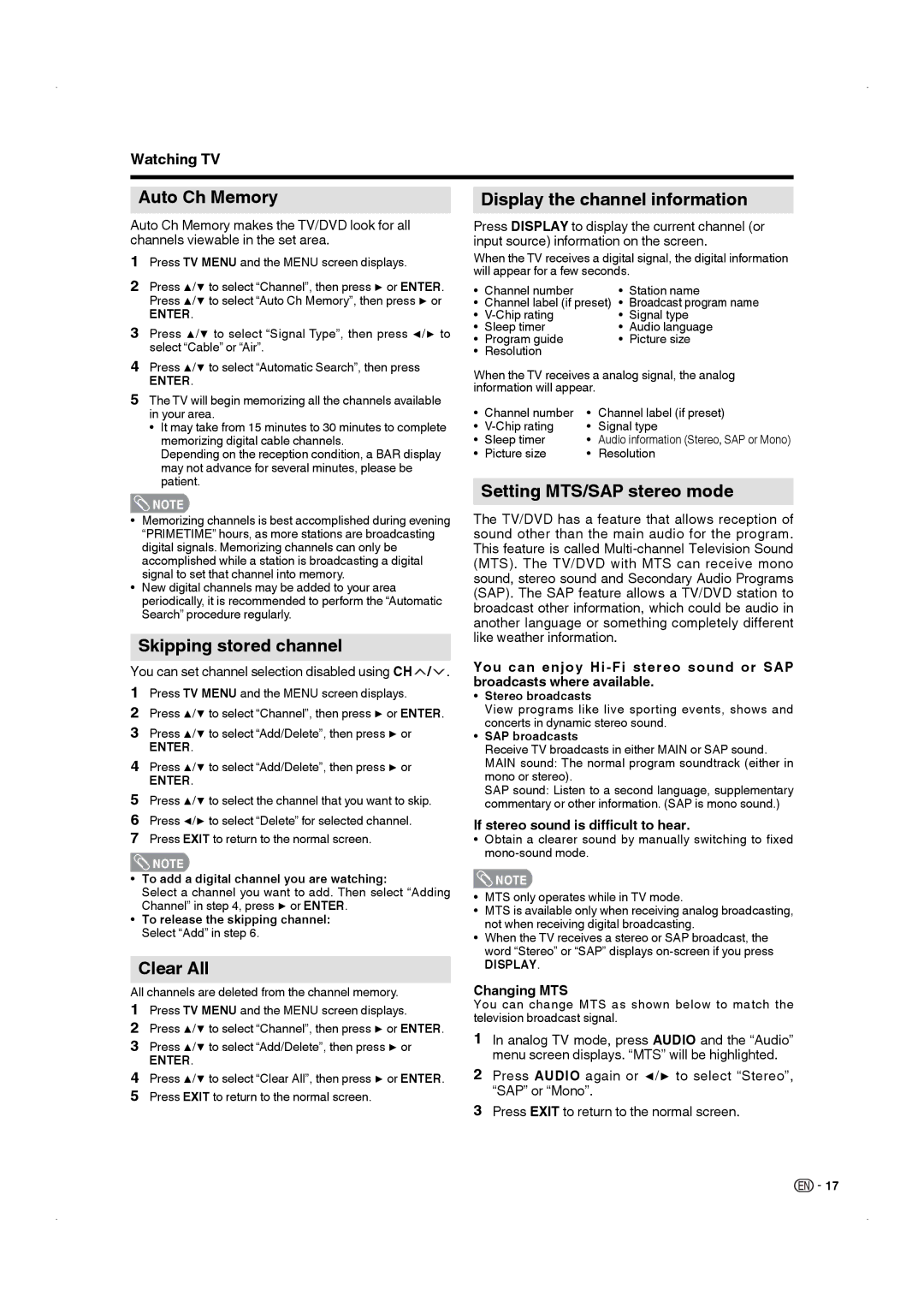 Sharp LC-22DV17U operation manual Auto Ch Memory, Skipping stored channel, Clear All, Display the channel information 