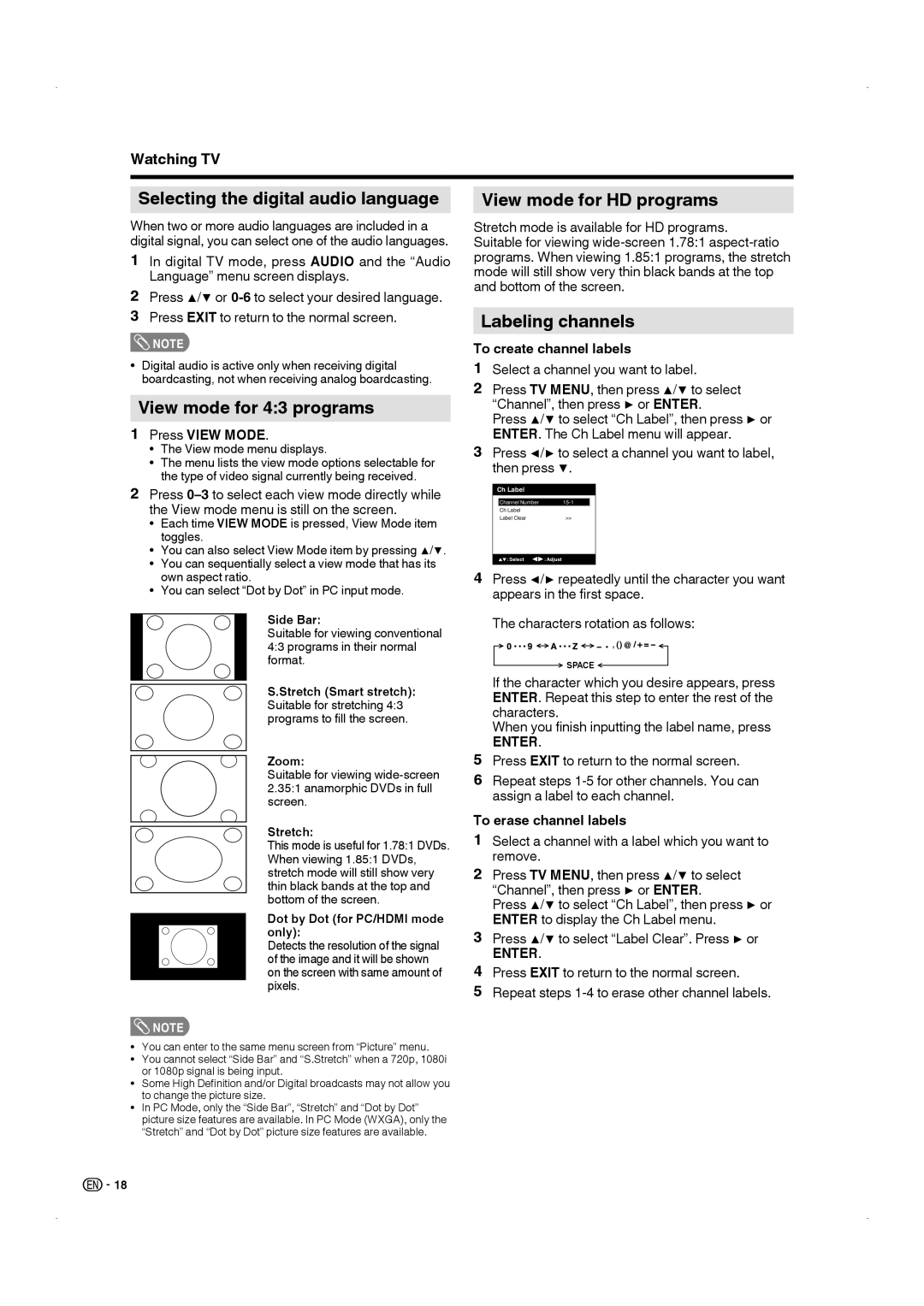 Sharp LC-22DV17U Selecting the digital audio language, View mode for 43 programs, View mode for HD programs 